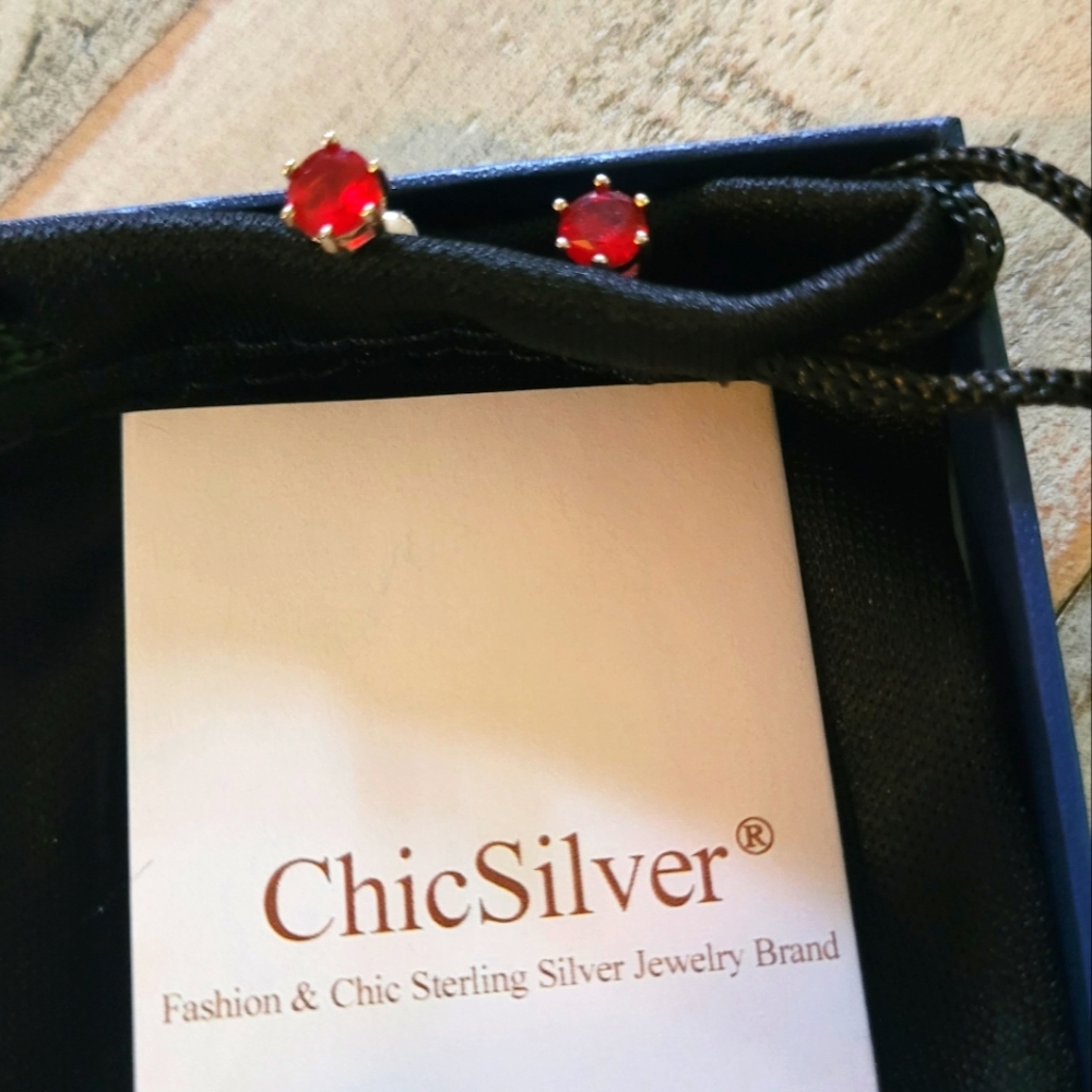 New in box Chic Silver Simulated Ruby Earrings